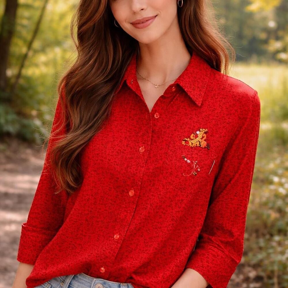 Vtg Disney Womens Large Tigger Shirt Button Up 3/4 sleeve Disney Whimsical